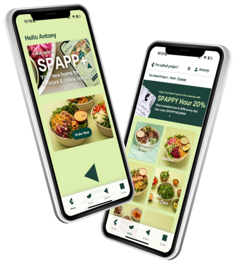 The Salad Project app as shown on two mobile phones